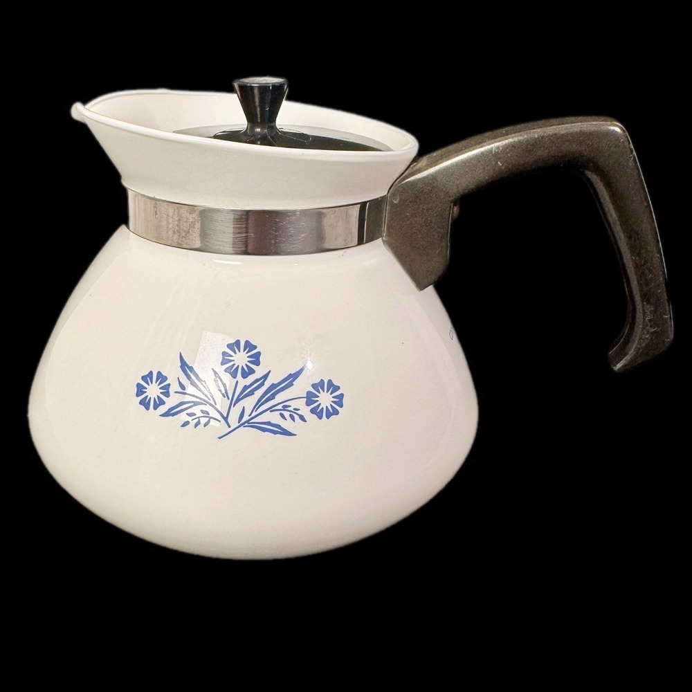Corning Ware Teapot 6 Cup White Blue Cornflower Vintage Mid Century Kitchenware
